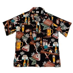 Go Barefoot Hawaiian Shirt Black All Over Print Bowling Pool Cigar Beer Size M